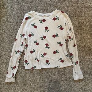 Forever 21 Cream Long-Sleeve Top with Red Rose Print